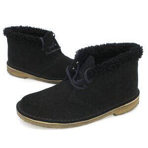 Clarks Desert Boots Wool Lined Fuzzy Black Suede Ankle Chukka Lace-up Womens 8.5